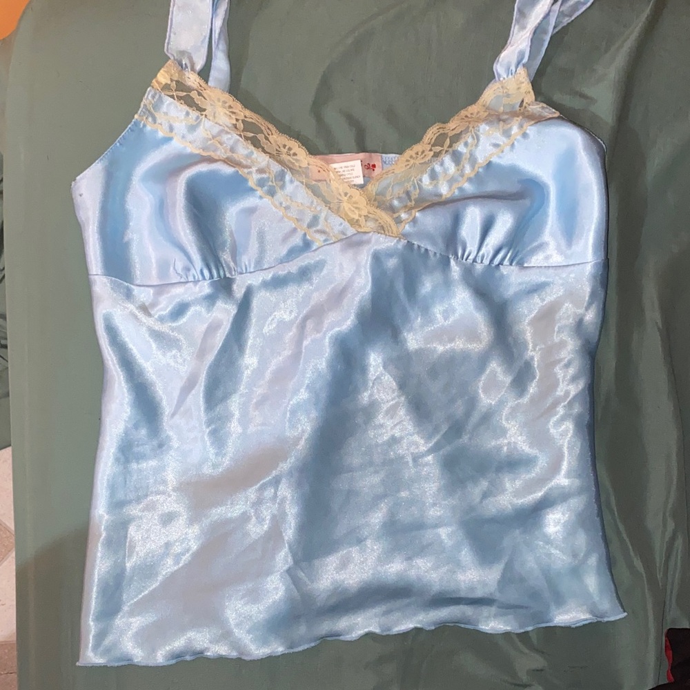 Light Blue Satin Tank Top with Lace Trim